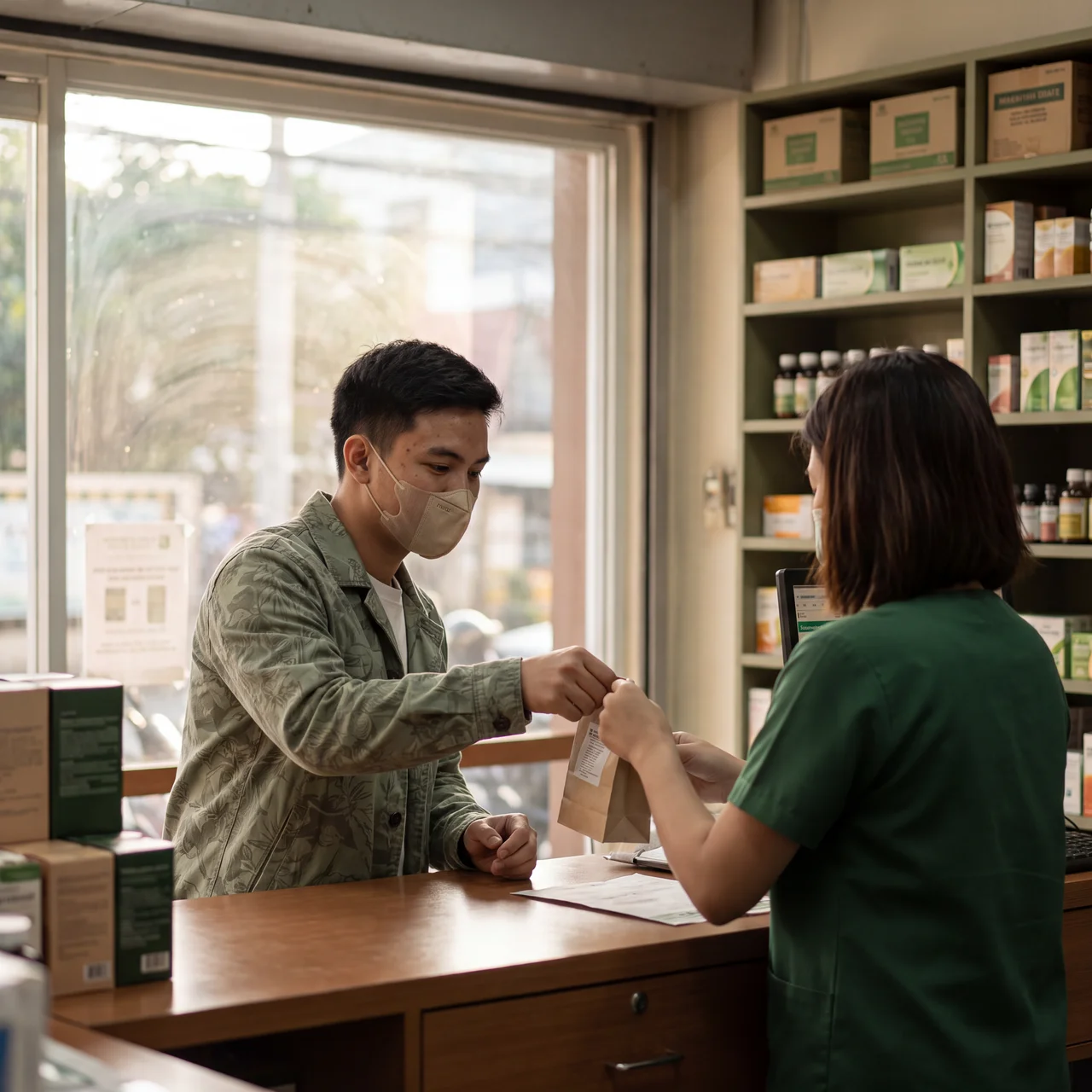 A pharmacist handing a paper bag of medication across the counter to a customer collecting it.